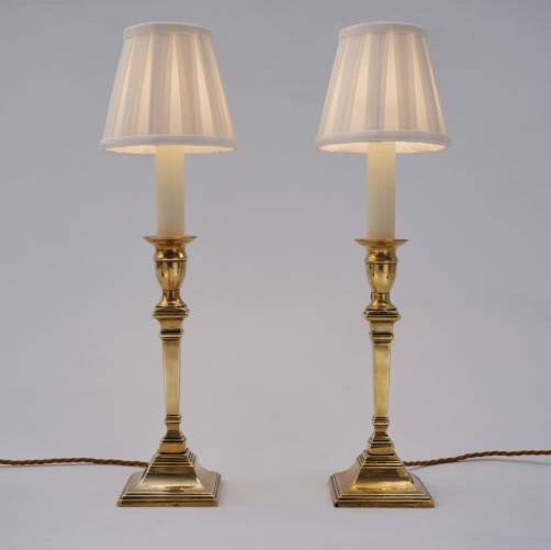 Antique Georgian brass candlestick table lamps, a pair, 19th Century, English